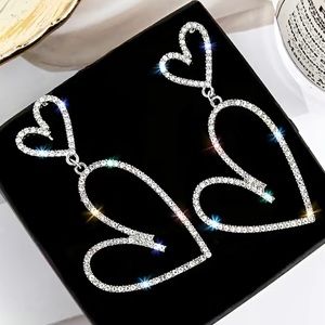Silver Rhinestone Heart Double Love Drop Dangle Crystal Earrings Nwt